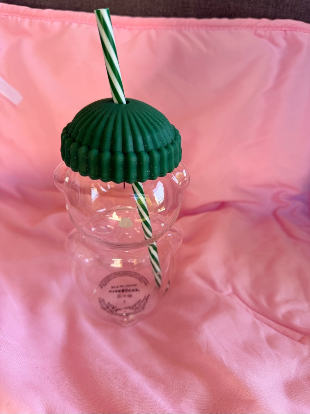Starbucks Clear Bear Cup with Green Beanie Lid and Striped Straw - Picture 4 of 5